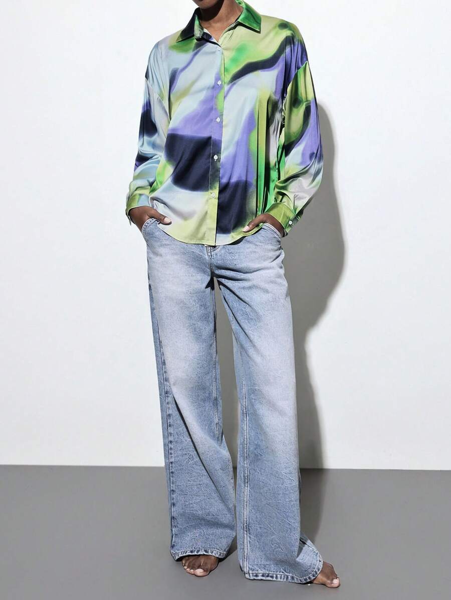 Maija 女士时尚百搭扎染印花缎面单排扣翻领长袖衬衫，春季 - 彩色 - 查看 1