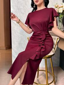 Feyla Women's Solid Color Round Neck Ruffle Hem Elegant Short Sleeve Midi Dress - Burgundy - View 3