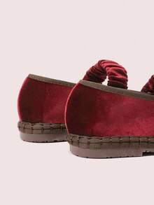 CUCCOO DOLLMOD 女士橙色优雅天鹅绒经典舒适天鹅绒褶皱弹力玛丽珍平底鞋 - 酒紅色 - 查看 10