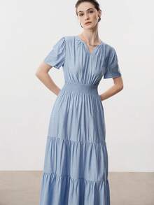 Aalyst Vestido Feminino para Primavera/Verão, Vestido de Linho Franzido Elegante e da Moda com Bolsos, Adequado para Ano Novo, Dia dos Namorados, Páscoa, Dia das Mães, Casamentos do Oriente Médio, Ambiente de Trabalho, Férias Românticas - Azul - Visão 4