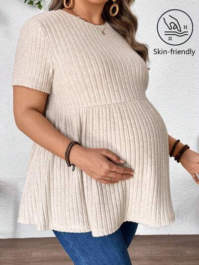 SHEIN Summer Outfit Women Maternity Plus Size Solid Color Round Neck Short Sleeve Ruffle Hem Casual T-Shirt