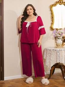 情人节法式浪漫优雅蕾丝拼接蝴蝶结装饰宽松大码女式睡衣套装 - 酒紅色 - 查看 6