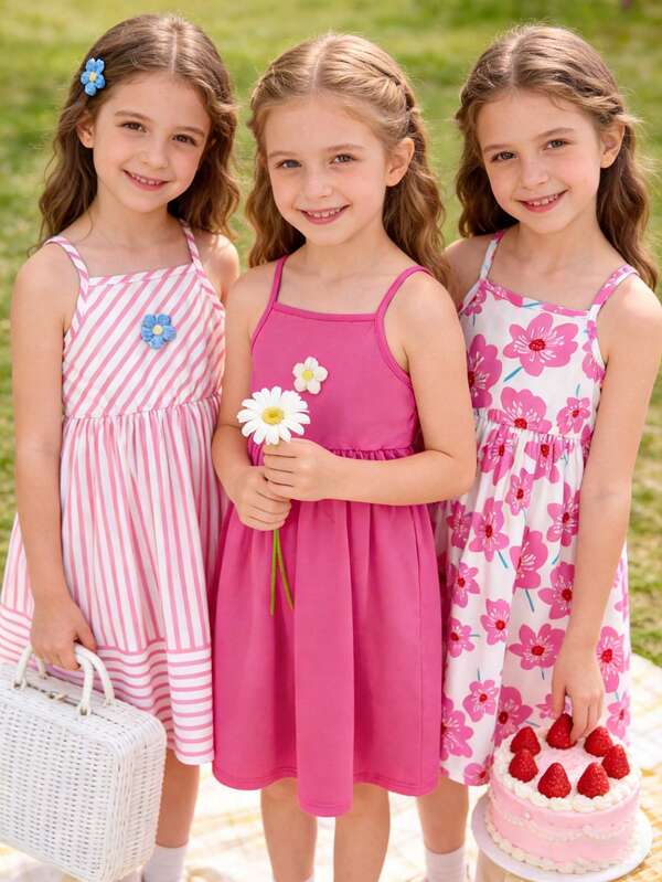 3pcs/Set Young Girl Floral Print Camisole Dress Set, Elastic Floral Gingham Sleeveless Dress, Casual All-Over Print Camisole Dress With Medium Stretch, Suitable For Summer Vacation And Party