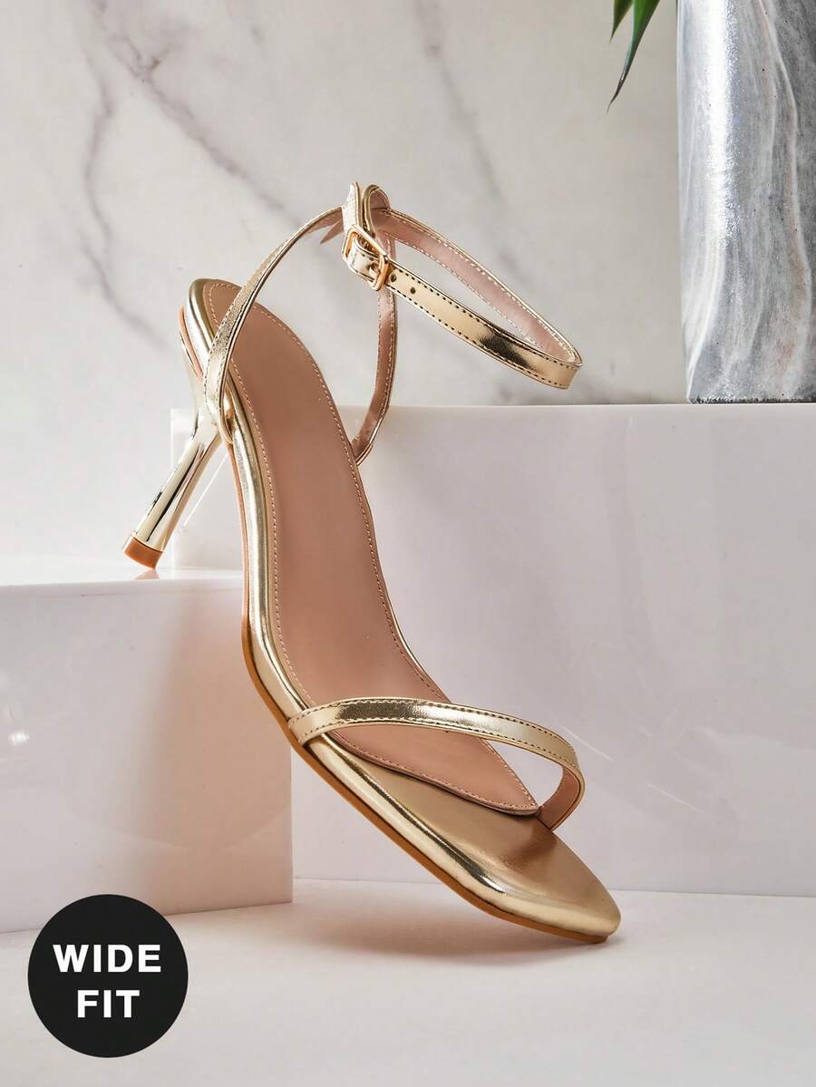 SHUZIA Sandalias de tacón con tira de tobillo y punta cuadrada de moda con ajuste ancho para mujer - Dorado - Ver 1