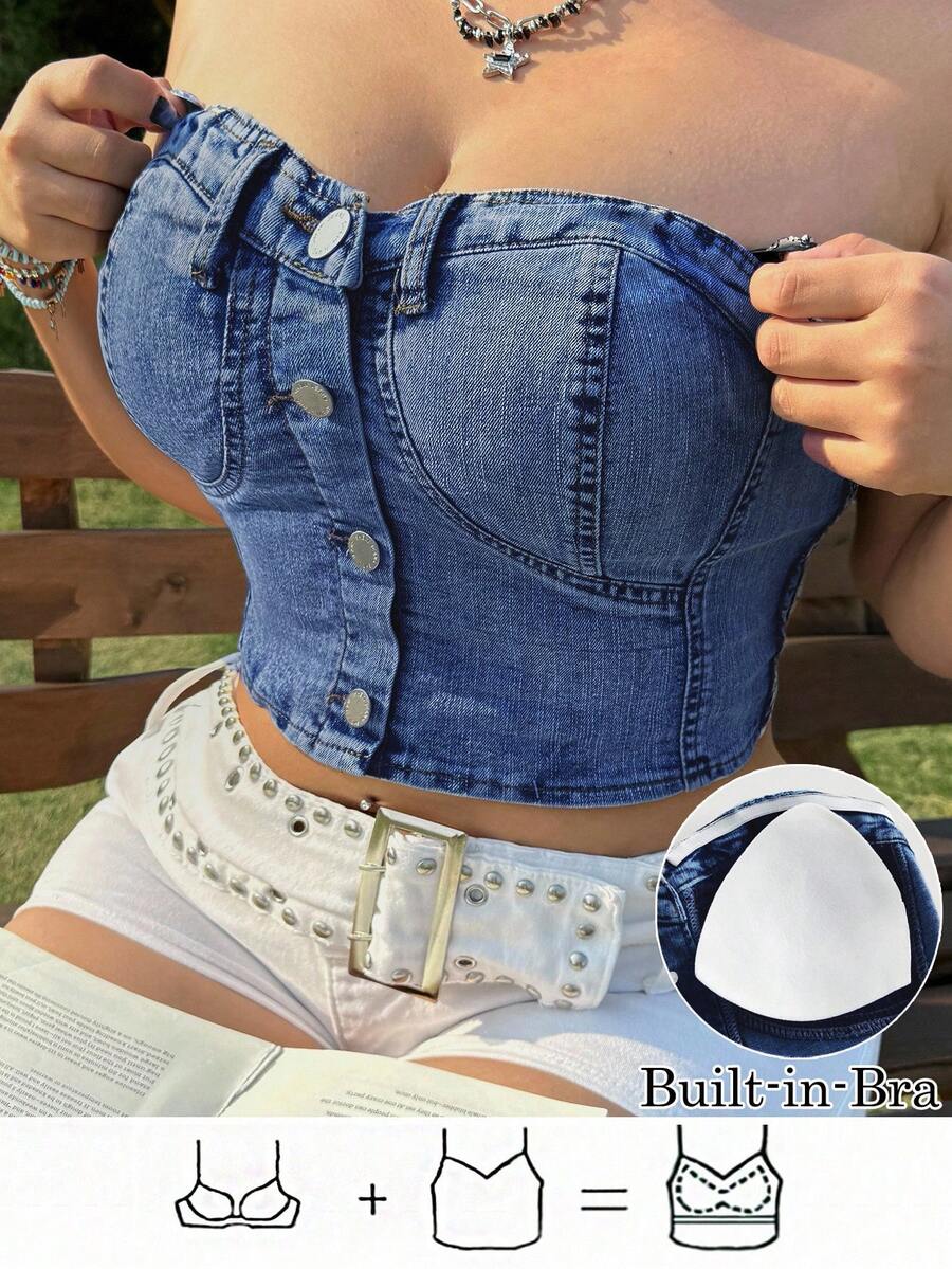SHEIN MOD Top corto de mezclilla de talla grande, bandeau ajustado y elástico con acolchado - Azul lavado oscuro - Ver 1