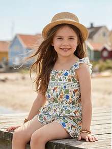 Vintaside Kids 女童热带印花衬衫短裤套装，休闲度假装 - 白色 - 查看 5