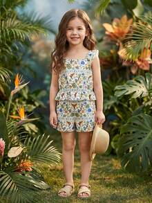 Vintaside Kids 女童热带印花衬衫短裤套装，休闲度假装 - 白色 - 查看 7