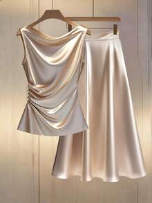 Franclia 两件套女士简约通勤无袖翻领A字腰部休闲套装 - 杏色 - 查看 3