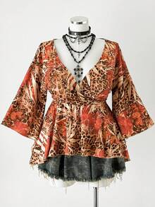 Sunspun 大码休闲交叉领印花修身腰部性感喇叭袖A字T恤 - 彩色 - 查看 7