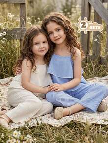 Vintaside Kids 4件套女童休闲个性魅力吊带背心搭配宽松飘逸阔腿裤，粉色和米色，适合日常外出、度假和休闲穿着