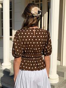 Elyressa Round Neck Raglan Sleeve Gathered Waist Ladies Woven Elegant Summer Blouse - Brown - View 2