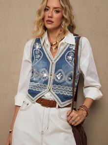 Freevana 波西米亚风牛仔钩针背心，腰果花刺绣，短款V领，蓝白撞色，女士背心，适合早春音乐节穿着 - 藍色 - 查看 6