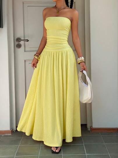 Muchica Vestido de punto texturizado amarillo crema para mujer, de verano