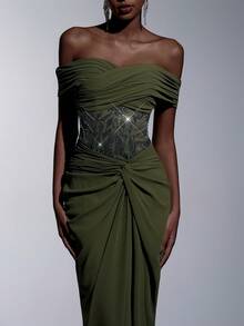 Elitara Đầm maxi sang trọng, cổ điển, trễ vai, đính sequin và thêu, chất liệu chiffon xếp ly, vạt đuôi cá, thích hợp cho các lễ hội, đám cưới, dạ hội, hòa nhạc, sự kiện kinh doanh và các dịp dành cho người nổi tiếng trên mạng xã hội. - màu xanh lá - Xem 2