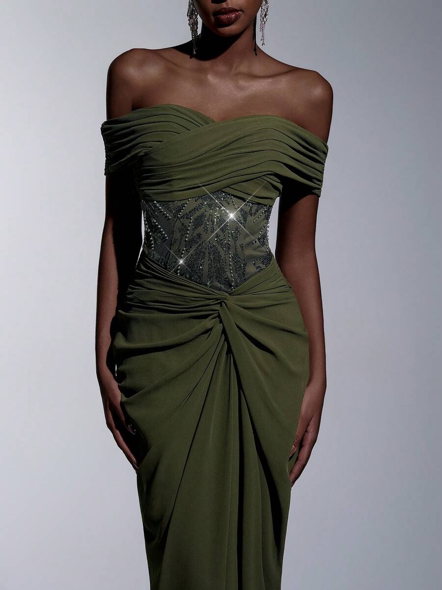 Elitara Đầm maxi sang trọng, cổ điển, trễ vai, đính sequin và thêu, chất liệu chiffon xếp ly, vạt đuôi cá, thích hợp cho các lễ hội, đám cưới, dạ hội, hòa nhạc, sự kiện kinh doanh và các dịp dành cho người nổi tiếng trên mạng xã hội.