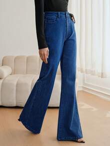 Anewsta 女士时尚、优雅、浪漫派对度假弹力修身喇叭蓝色牛仔裤，春夏款 - 藍色 - 查看 4