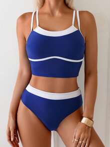 Swim Basics Women's Contrast Color Thin Strap Tankini Top And High Waist Bottoms Tankini Set - Navy Blue - View 3