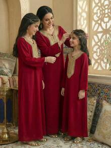 Tween Girls' Luxurious White Middle Eastern/Arabic Style Long Sleeve Dress, Paired With Elegant Burgundy And Gold Floral Accent, Suitable For Girls' Daily Wear, Festivals And Formal Events - Red - View 3