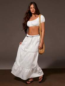 Athîral Women's Casual Off-Shoulder Short Sleeve Crop Top And Long Skirt 2 Piece Set, White, Spring/Summer - White - View 3