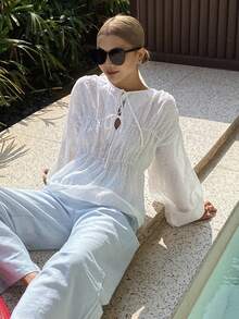 Livesso Áo sơ mi nữ cổ chữ V buộc dây, chất liệu vải dệt, kiểu dáng thời trang thường ngày. - trắng - Xem 6