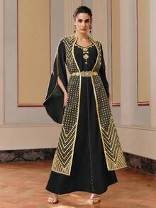 Anewsta Elegante bata negra artesanal con bordado dorado y cuentas, con cintura ceñida 2 en 1 - Negro - Ver 3