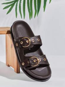 SHUZIA Women's Replica Superior Comfort Buckled Double Strap Slip-On Flat Sandals Summer Shoes - Chocolate Brown - View 6