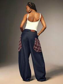 Denimoi Baggy Boyfriend Jeans With Contrat Plaid Pocket Fashionable Streetwer Wide Leg Denim Jeans - Dark Wash - View 5