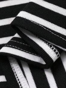 FRIFUL 女士条纹圆领落肩长袖休闲宽松中长连衣裙 - 黑色 - 查看 8