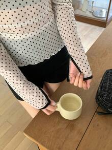 FRIFUL Women's Sheer Polka Dot Mesh Layered U-Neck Backless Slit Sleeve Slim Fit Blouse, Suitable For Spring - Beige - View 6