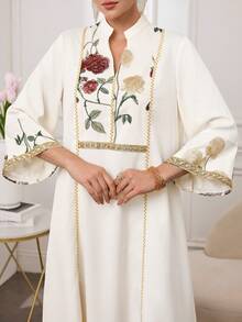 Al Najma Đầm Abaya dài tay cổ đứng thêu hoa vintage dành cho nữ, viền vàng. - trắng - Xem 7