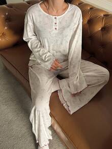 DAZY 花卉撞色滚边宽松女士睡衣套装 - 白色 - 查看 4