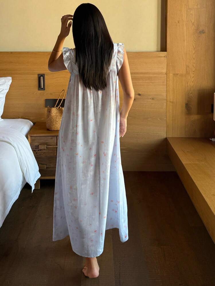 Ditsy Floral Square Neck Wide Strap Ruffle Hem Long Women Nightgown