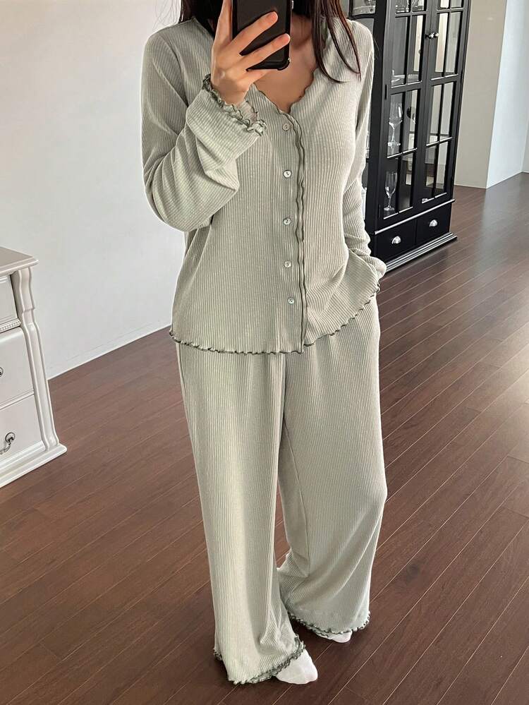 Green Minimalist Wavy Trim Comfortable Knit Women Pajama Set