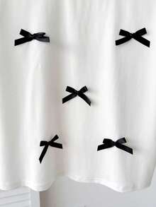 Firerie Kids 少女撞色蝴蝶结针织T恤，休闲时尚，百搭，适合派对、郊游、姐妹合照、公园、露营、度假、日常休闲穿着 - 白色 - 查看 6