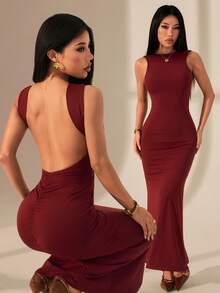SHEIN PETITE 酒红色性感简约优雅露背无袖连衣裙，适合鸡尾酒会、浪漫约会、秋冬叠穿、派对、正式聚会、夜间外出、婚礼宾客、万圣节、圣诞节等场合。 - 酒紅色 - 查看 8