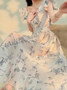 DAZY 荷叶袖、荷叶边、碎花吊带连衣裙，优雅办公室圆领连衣裙，夏季长款连衣裙 - 灰藍色 - 查看 4