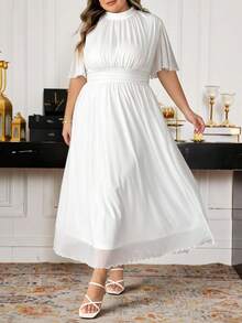 SHEIN CURVE+ 大码女装春夏优雅浪漫气质日常通勤海滩度假立领褶皱高腰A字伞裙喇叭袖白色长裙 - 白色 - 查看 4