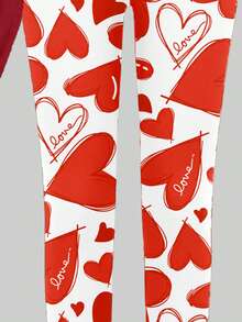 春夏秋季少女休闲时尚创意个性清新简约可爱线条爱心图案字母标语印花宽松T恤和打底裤两件套，舒适套装，适合情人节节日氛围，红色少女套装，儿童打底裤套装 - 彩色 - 查看 6