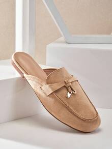 SHUZIA Women's Retro Fringe Lace-Up Velvet Bread-Top Half-Covered Slip-On Flat Mules