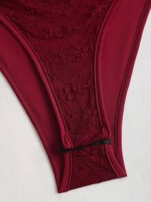Sweetra Retro American Red Lace V-Neck Backless Ruched Bodysuit, Sexy Fitted Design, Fashion New Arrival For Early Spring - Burgundy - View 4
