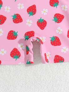 Baby Girl Strawberry Print Zipper Half-Placket Raglan Sleeve Swimsuit, Summer Beach Vacation - Pink - View 6