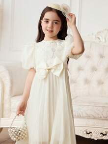 1pc Girls Princess Apricot White Dress,Summer Traditional Wedding,Embroidered Sequin Fabric,Lantern Puff Sleeves,Layered Ruffle Hem,Front Bow Decor - Apricot - View 6
