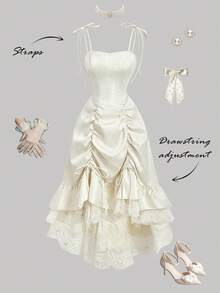 SHEIN MOD 女士优雅蕾丝拼接荷叶边吊带中长连衣裙，夏季 - 杏色 - 查看 2