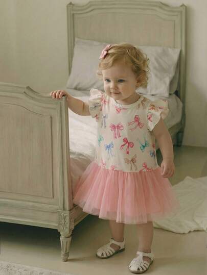 SHEIN Baby Girl Sweet Princess Style Multi-Color Bow Print Mesh Ruffle Hem Flutter Sleeve Dress