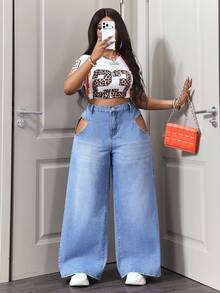 Slaydiva Jeans anchos de pierna ancha, de cintura suelta, de moda casual y de uso diario para mujer de talla grande - Lavado ligero - Ver 5