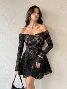 SHEIN Tall Black Lace Off Shoulder Bodycon Mini Dress, Elegant Sexy Women's Long Sleeve Lace Dress, Black Lace Dress, Elegant Little Black Dress - Black - View 1