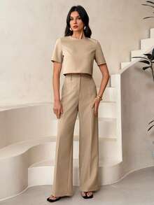 SHEIN Tall Áo croptop trơn và quần ống rộng dành cho nữ. - Màu be - Xem 3