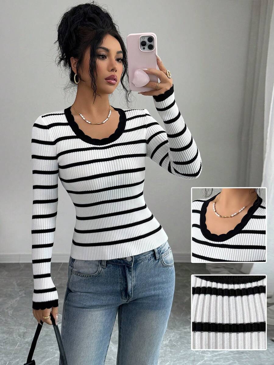 Louniche 时尚休闲荷叶边U领修身条纹设计女式毛衣 - 黑與白 - 查看 1