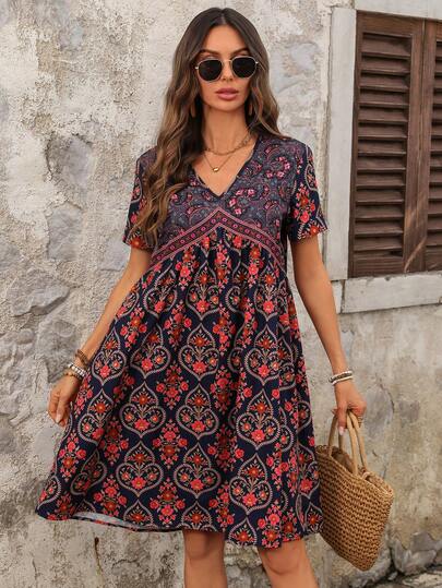 EMERY ROSE Women's Casual V-Neck Short Allover Print Dress, Summer Vacation Outfits Women Vacation Dresses Holiday Outfits Casual Dresses For Women Summer Dress Going Out Outfits  Summer Dresses For Women Summer Outfits For Women Vacation Outfits Women Summer Holiday Outfits  Casual Dresses For Women Boho Summer Dress Women Women Casual Summer Dress Short Sleeve Summer Dress Bohemian Short Sleeve Dress