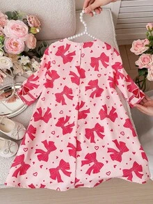 SHEIN Đầm dài tay cổ chữ V in nơ cho bé gái - Đỏ - Xem 3